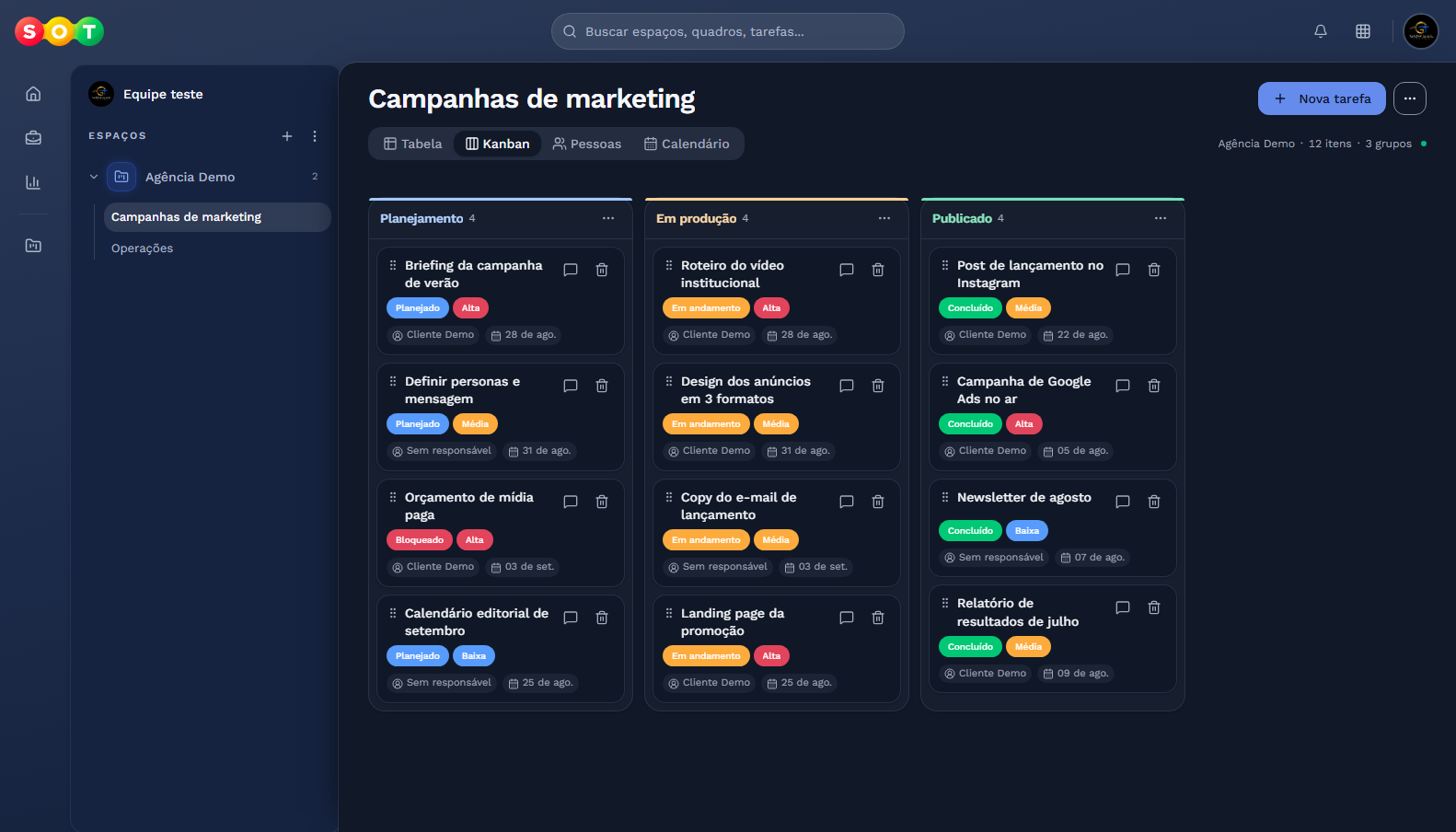 Quadro em kanban com cartões nas colunas Planejamento, Em produção e Publicado.